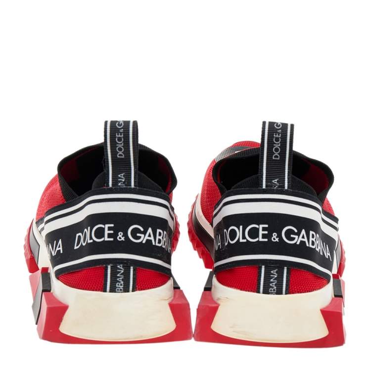 Pre Owned Dolce & Gabbana Red Knit Fabric Sorrento Logo Print Slip On Sneakers Size 43