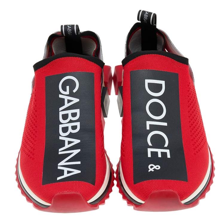 Pre Owned Dolce & Gabbana Red Knit Fabric Sorrento Logo Print Slip On Sneakers Size 43