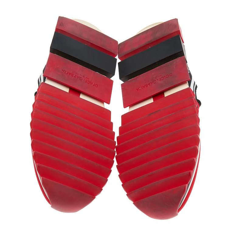 Pre Owned Dolce & Gabbana Red Knit Fabric Sorrento Logo Print Slip On Sneakers Size 43