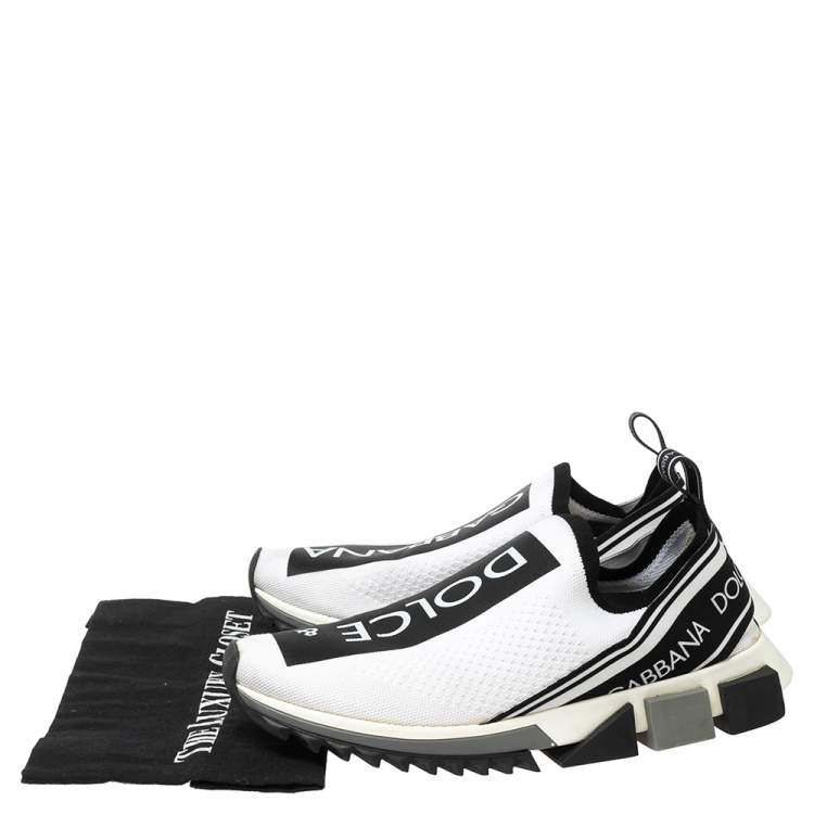 Pre Owned Dolce & Gabbana White/Black Stretch Fabric Logo Sorrento Slip On Sneakers Size 42