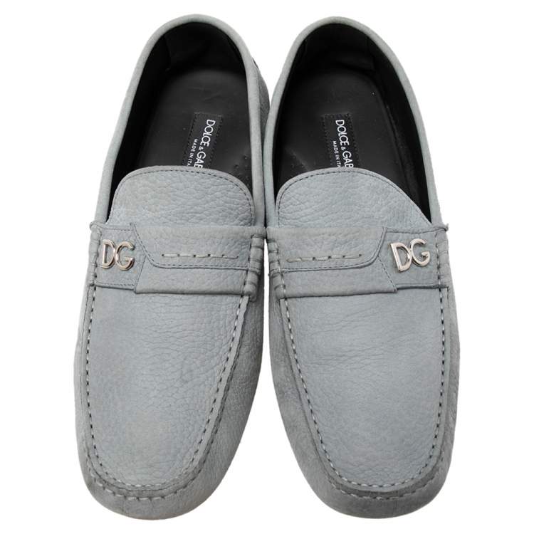 Pre Owned Dolce & Gabbana Grey Leather DG Logo Loafers Size 44