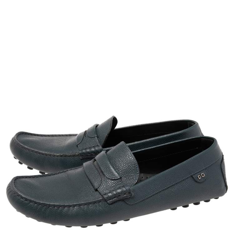 مملوكة مسبقًا Dolce & Gabbana Dark Teal Blue Leather Genova Loafers Size 44