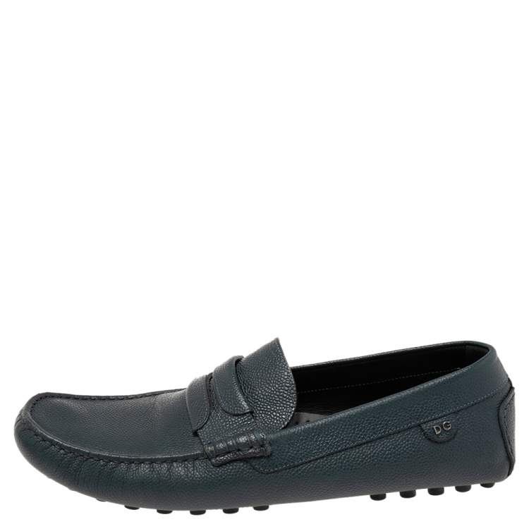 مملوكة مسبقًا Dolce & Gabbana Dark Teal Blue Leather Genova Loafers Size 44