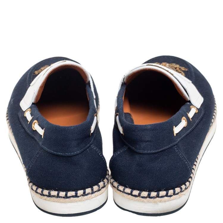 Pre Owned Dolce & Gabbana Navy Blue/White Canvas and Leather Botticelli Embroidered Loafers Size 44