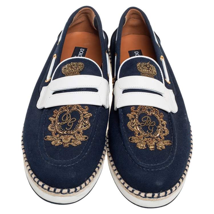 Pre Owned Dolce & Gabbana Navy Blue/White Canvas and Leather Botticelli Embroidered Loafers Size 44
