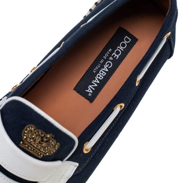 Pre Owned Dolce & Gabbana Navy Blue/White Canvas and Leather Botticelli Embroidered Loafers Size 44