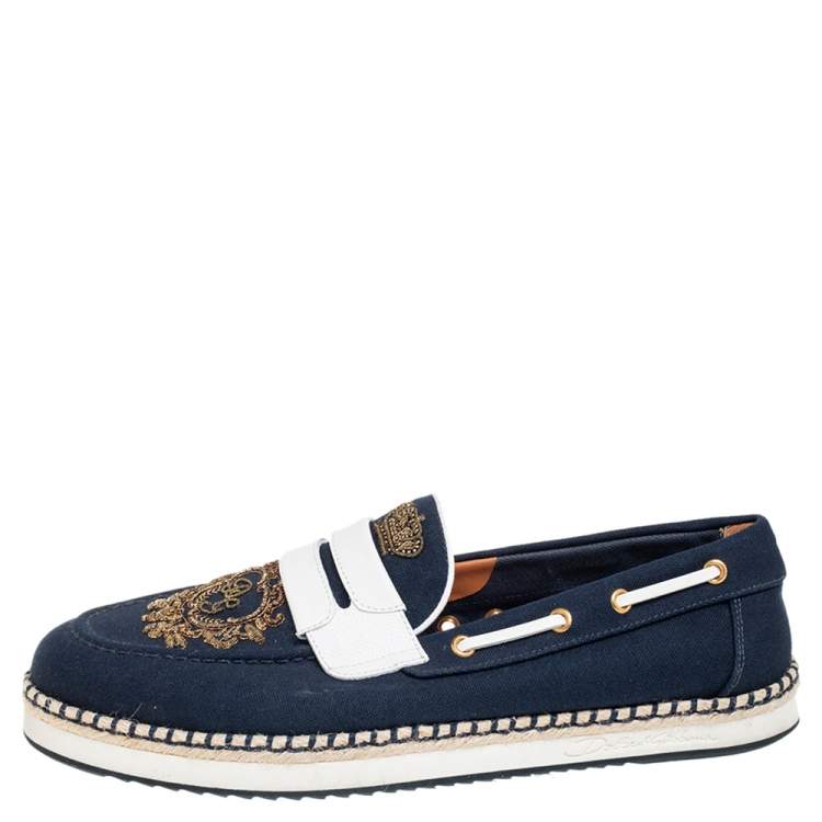 Pre Owned Dolce & Gabbana Navy Blue/White Canvas and Leather Botticelli Embroidered Loafers Size 44