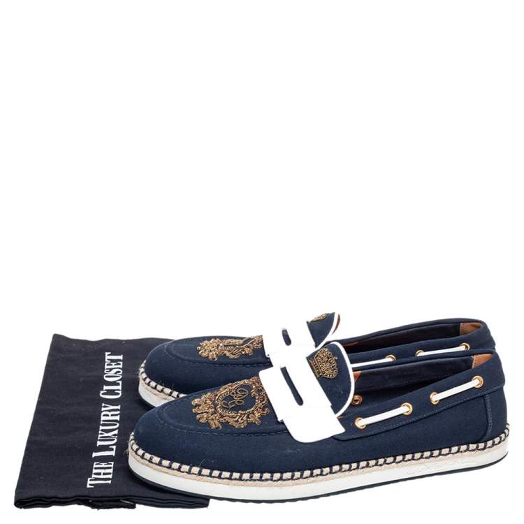 Pre Owned Dolce & Gabbana Navy Blue/White Canvas and Leather Botticelli Embroidered Loafers Size 44