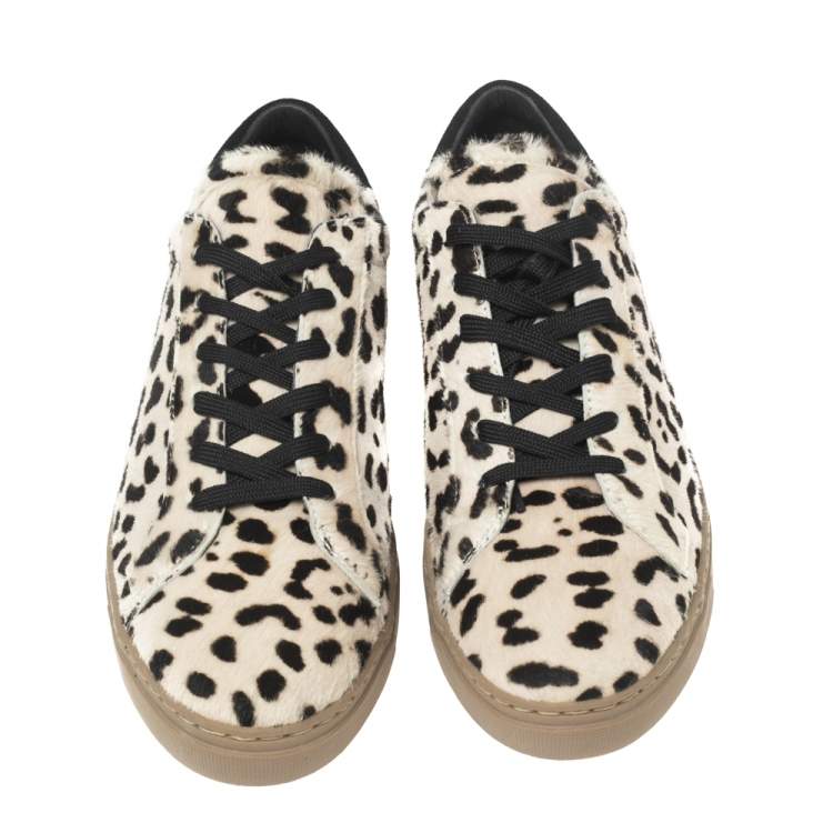 Pre Owned Dolce & Gabbana Off-White/Brown Animal Print Calf Hair Low-Top Sneakers Size 43
