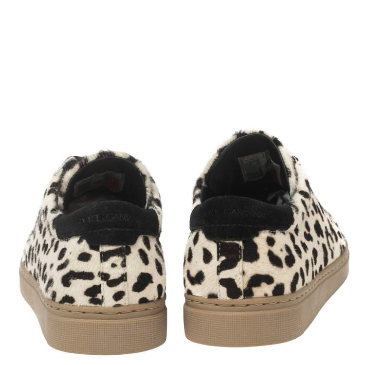 Pre Owned Dolce & Gabbana Off-White/Brown Animal Print Calf Hair Low-Top Sneakers Size 43