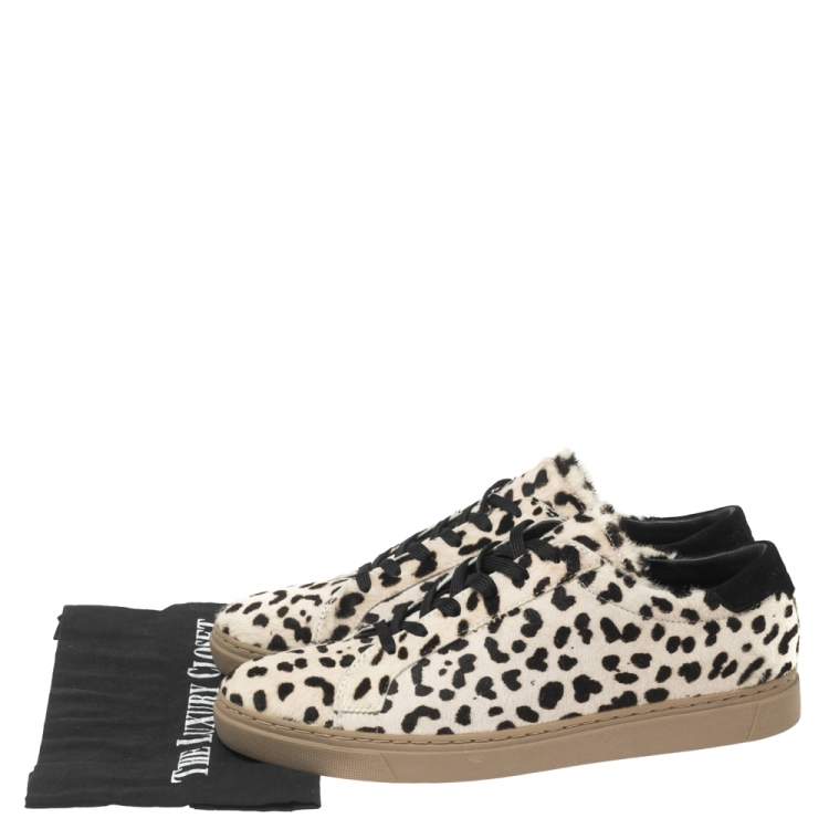 Pre Owned Dolce & Gabbana Off-White/Brown Animal Print Calf Hair Low-Top Sneakers Size 43
