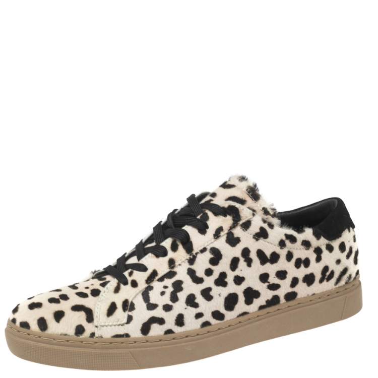 Pre Owned Dolce & Gabbana Off-White/Brown Animal Print Calf Hair Low-Top Sneakers Size 43