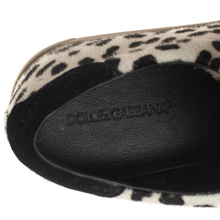 Pre Owned Dolce & Gabbana Off-White/Brown Animal Print Calf Hair Low-Top Sneakers Size 43