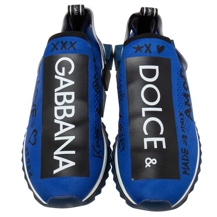مملوكة مسبقًا Dolce & Gabbana Blue Knit Fabric Graffiti Sorrento Slip-On Sneakers Size 46