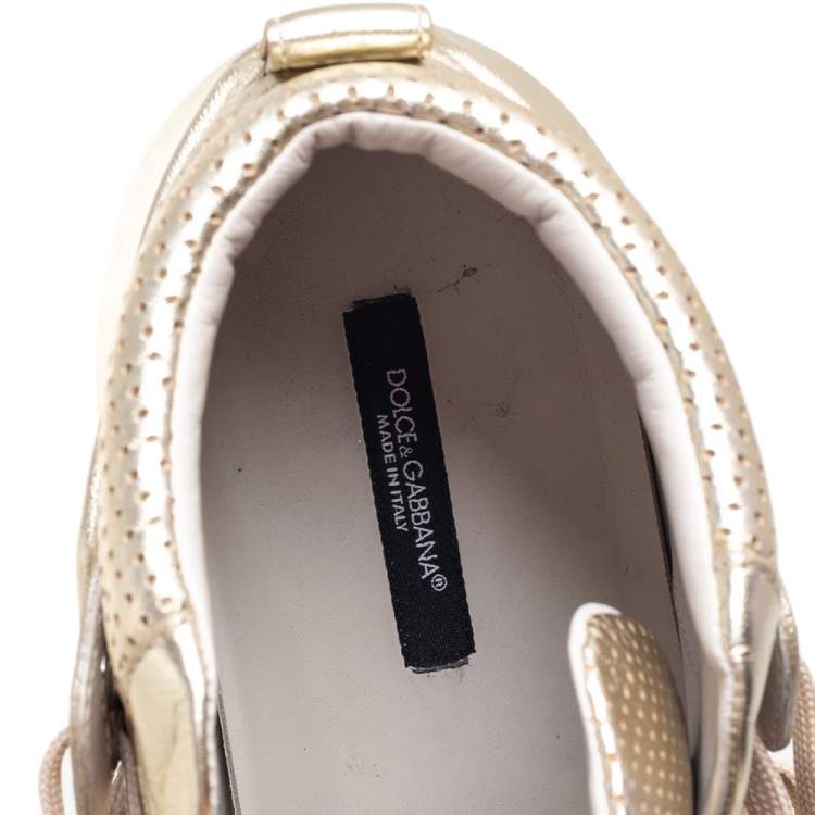Pre Owned Dolce & Gabbana Metallic Gold Leather Flag High Top Sneakers Size 41.5