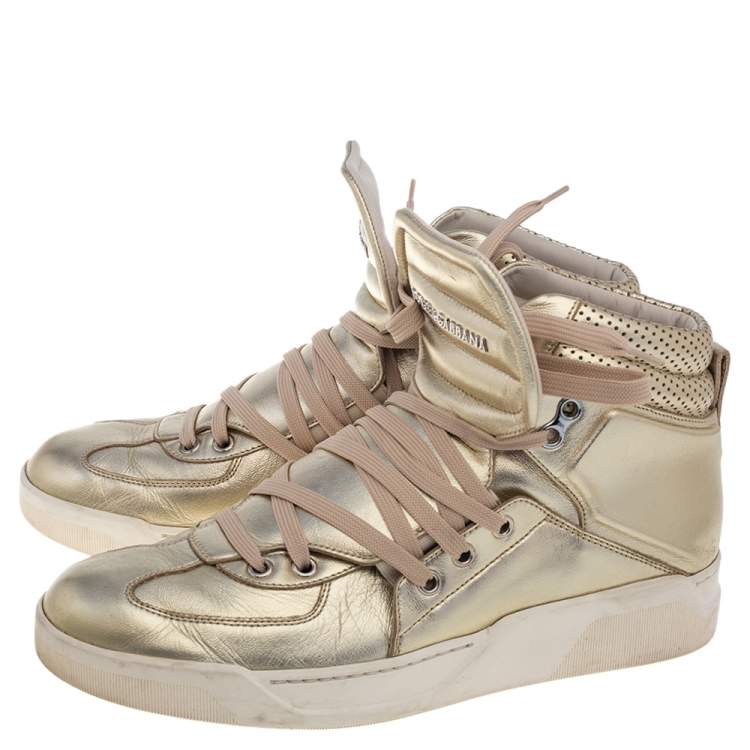 Pre Owned Dolce & Gabbana Metallic Gold Leather Flag High Top Sneakers Size 41.5