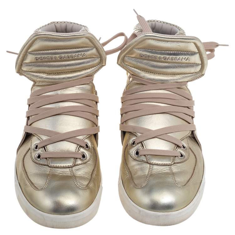 Pre Owned Dolce & Gabbana Metallic Gold Leather Flag High Top Sneakers Size 41.5