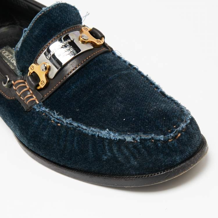 Pre Owned Dolce & Gabbana Navy Blue Velvet And Leather Slip On Loafers Size 41