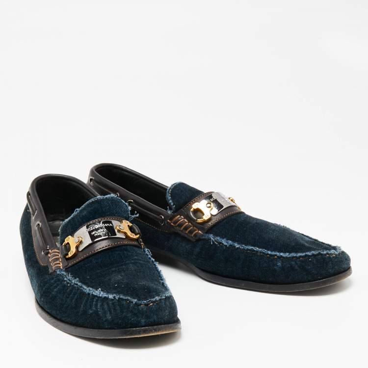 Pre Owned Dolce & Gabbana Navy Blue Velvet And Leather Slip On Loafers Size 41