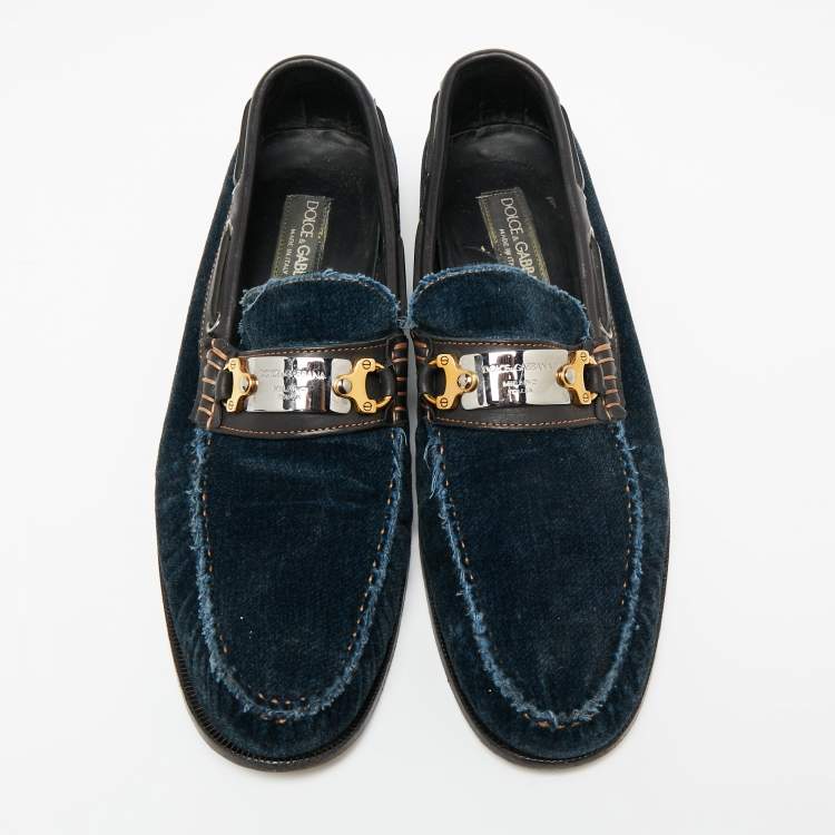 Pre Owned Dolce & Gabbana Navy Blue Velvet And Leather Slip On Loafers Size 41