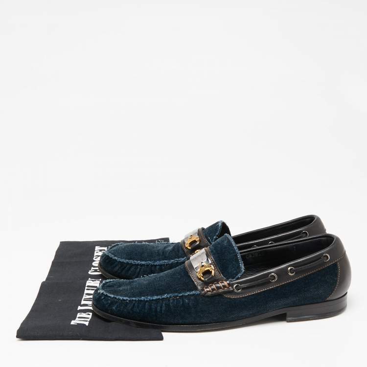 Pre Owned Dolce & Gabbana Navy Blue Velvet And Leather Slip On Loafers Size 41
