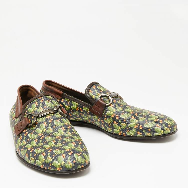 Pre Owned Dolce & Gabbana Green Cactus Print Canvas and Leather Amalfi Smoking Slippers Size 43