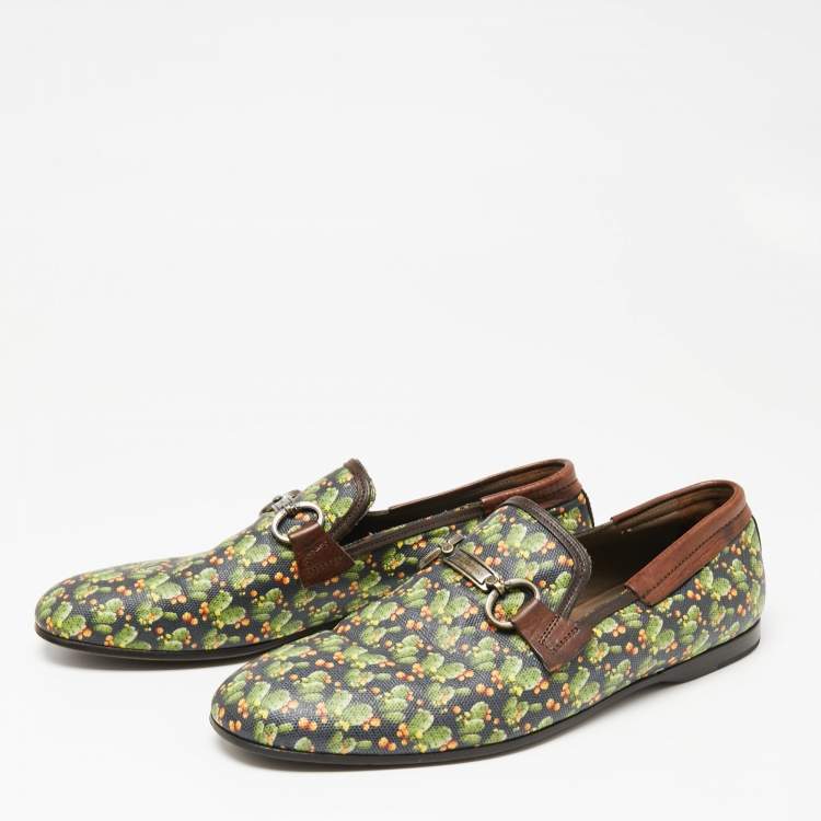 Pre Owned Dolce & Gabbana Green Cactus Print Canvas and Leather Amalfi Smoking Slippers Size 43