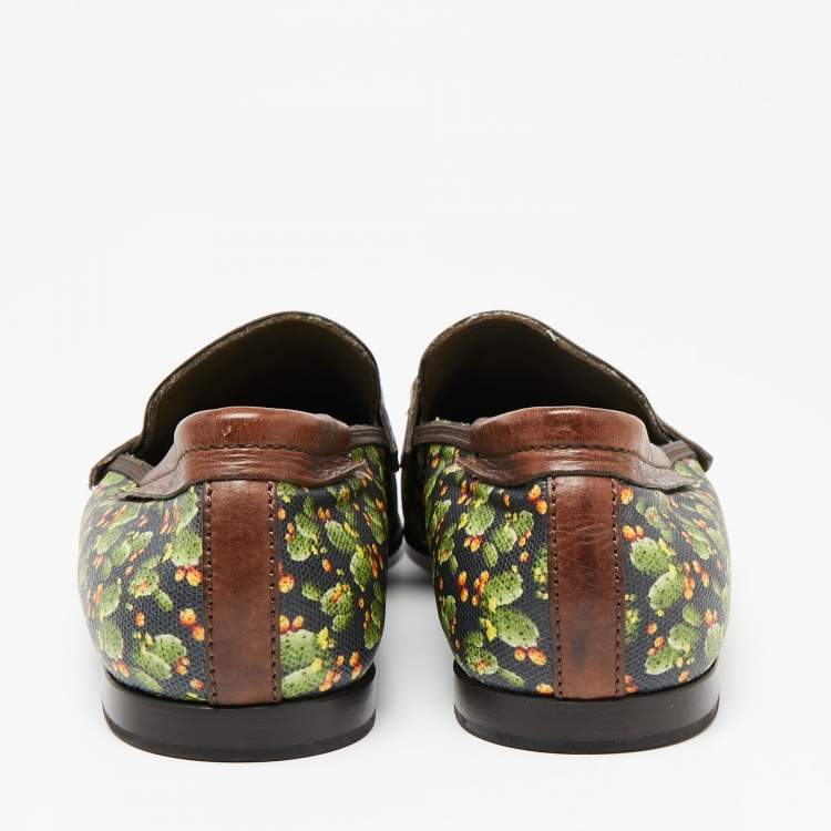 Pre Owned Dolce & Gabbana Green Cactus Print Canvas and Leather Amalfi Smoking Slippers Size 43