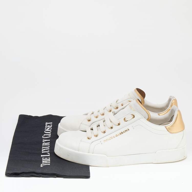 Pre Owned Dolce & Gabbana White/Gold Leather Portofino Logo Low Top Sneakers Size 41