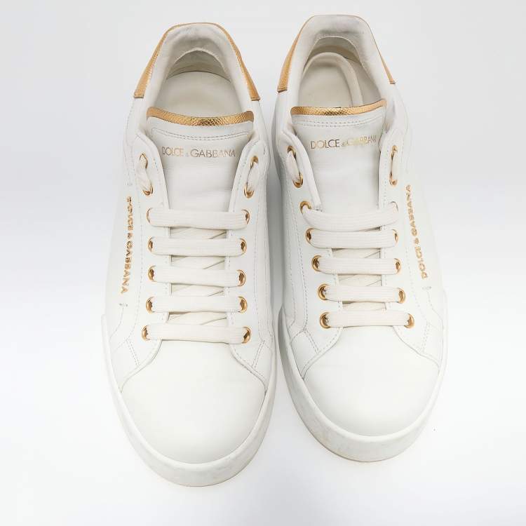 Pre Owned Dolce & Gabbana White/Gold Leather Portofino Logo Low Top Sneakers Size 41