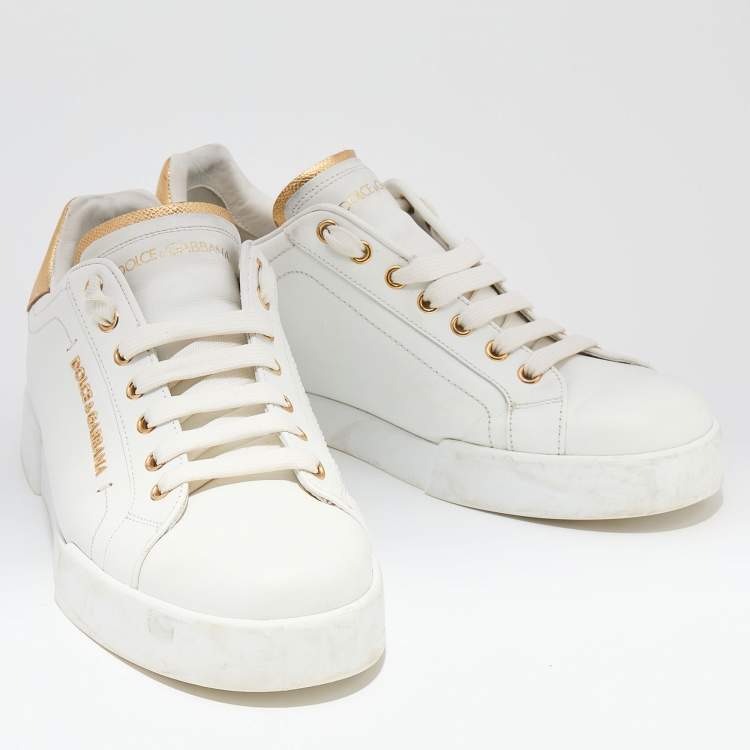Pre Owned Dolce & Gabbana White/Gold Leather Portofino Logo Low Top Sneakers Size 41