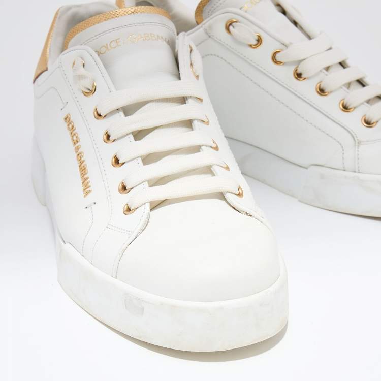 Pre Owned Dolce & Gabbana White/Gold Leather Portofino Logo Low Top Sneakers Size 41