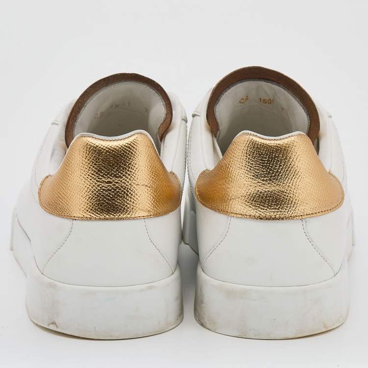 Pre Owned Dolce & Gabbana White/Gold Leather Portofino Logo Low Top Sneakers Size 41