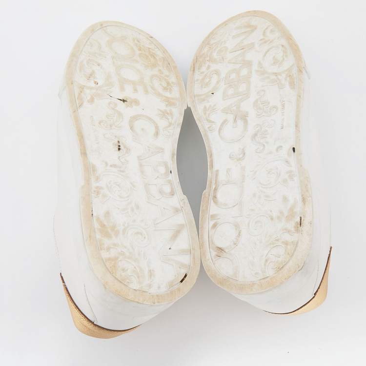 Pre Owned Dolce & Gabbana White/Gold Leather Portofino Logo Low Top Sneakers Size 41