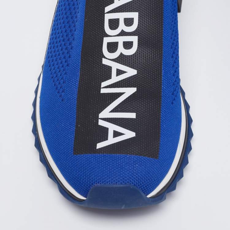 Pre Owned Dolce & Gabbana Blue Knit Fabric Sorrento Logo Print Slip On Sneakers Size 46
