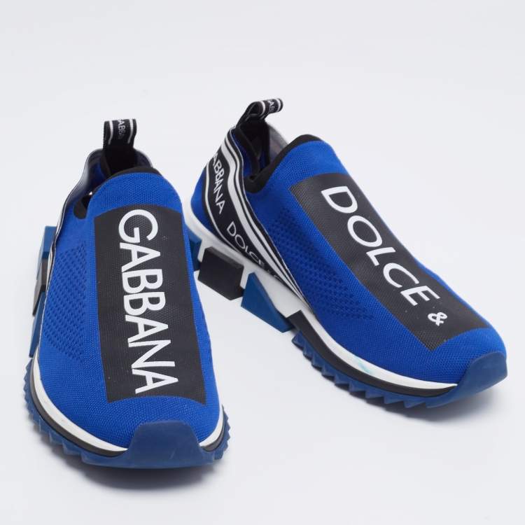 Pre Owned Dolce & Gabbana Blue Knit Fabric Sorrento Logo Print Slip On Sneakers Size 46