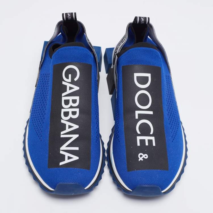 Pre Owned Dolce & Gabbana Blue Knit Fabric Sorrento Logo Print Slip On Sneakers Size 46