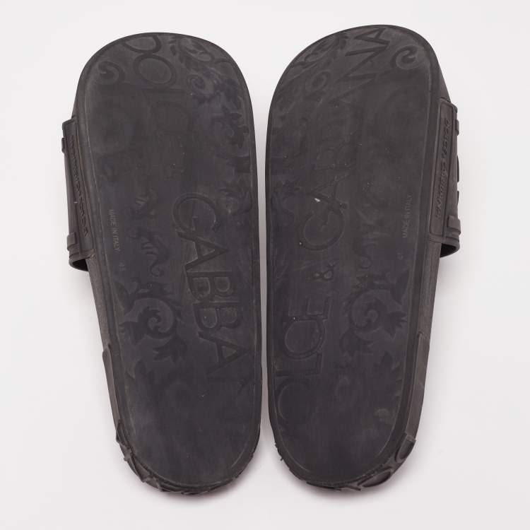 Pre Owned Dolce&Gabbana Black Rubber DG Logo Slides Size 45