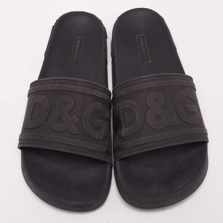 Pre Owned Dolce&Gabbana Black Rubber DG Logo Slides Size 45