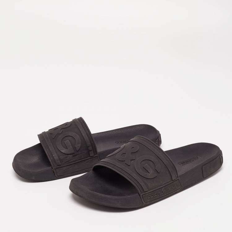 Pre Owned Dolce&Gabbana Black Rubber DG Logo Slides Size 45