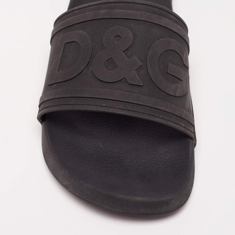 Pre Owned Dolce&Gabbana Black Rubber DG Logo Slides Size 45