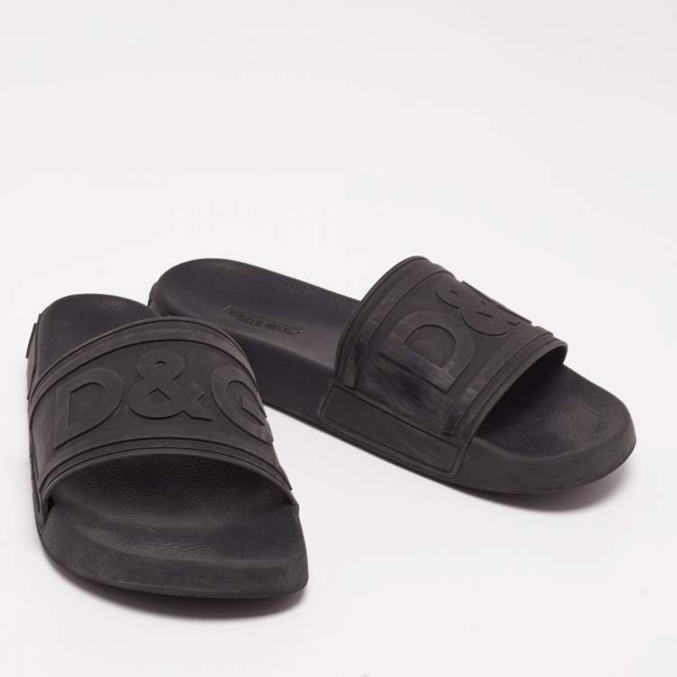Pre Owned Dolce&Gabbana Black Rubber DG Logo Slides Size 45