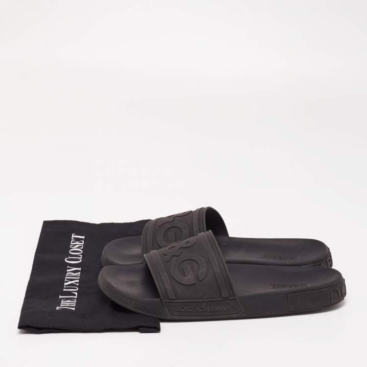 Pre Owned Dolce&Gabbana Black Rubber DG Logo Slides Size 45