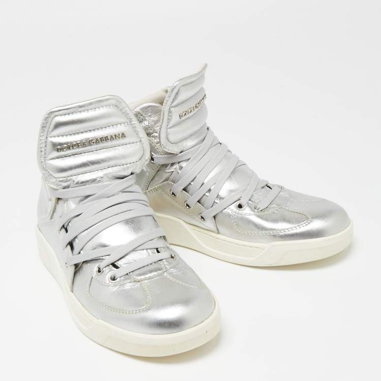 Pre Owned Dolce & Gabbana Silver Leather Benelux High Top Sneakers Size 40