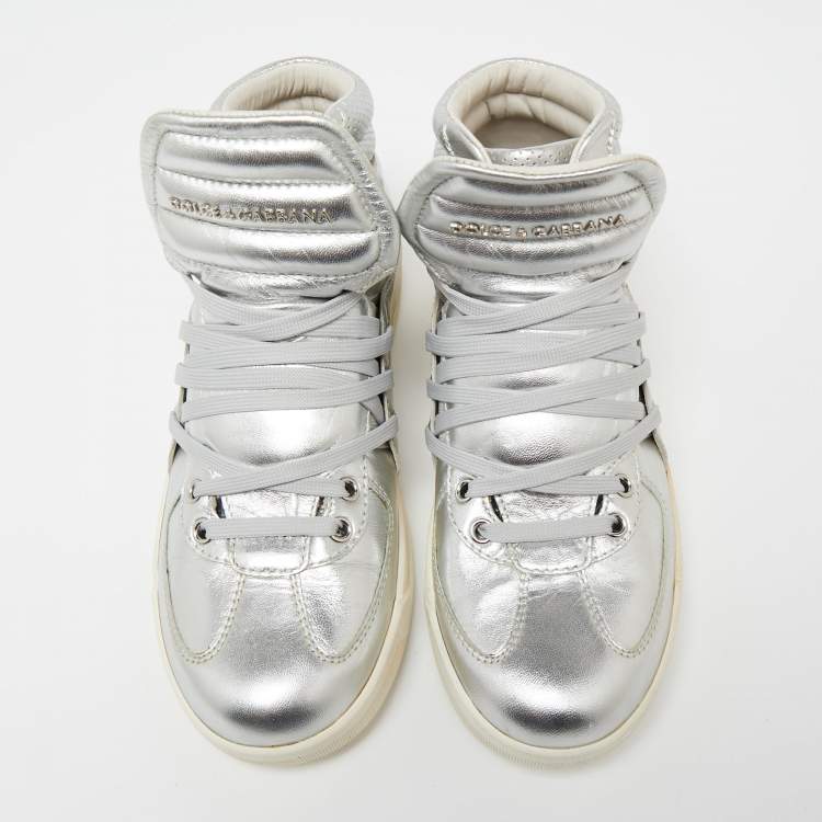 Pre Owned Dolce & Gabbana Silver Leather Benelux High Top Sneakers Size 40