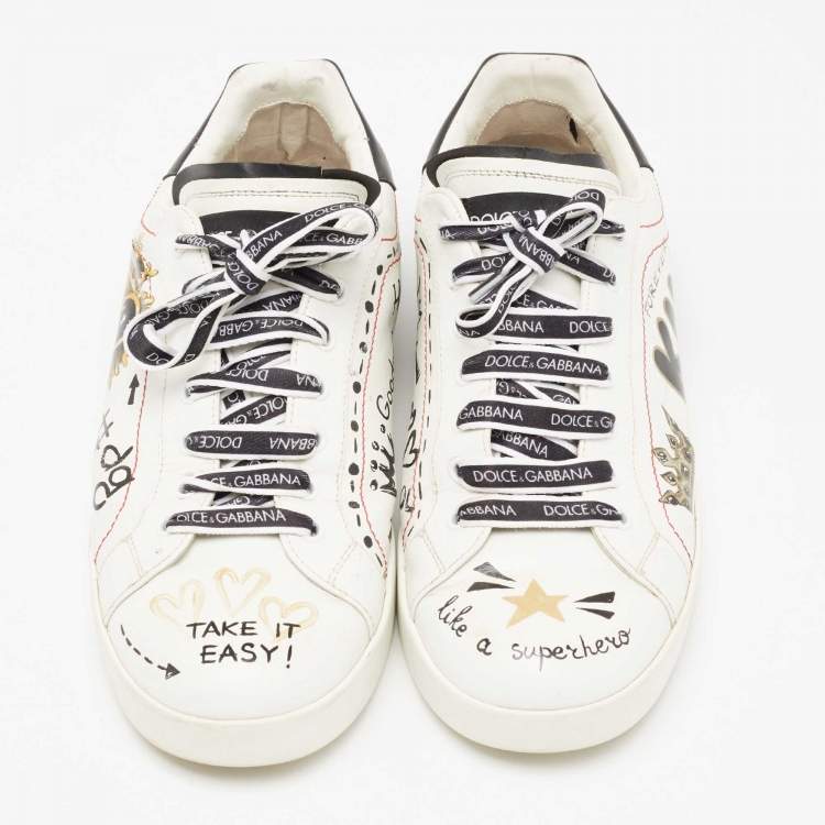 مملوكة مسبقًا Dolce & Gabbana White/Black Leather Portofino Royal Sneakers  Size 44