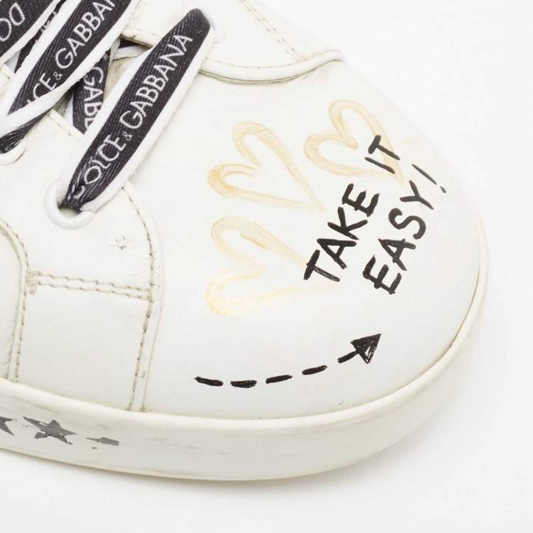 مملوكة مسبقًا Dolce & Gabbana White/Black Leather Portofino Royal Sneakers  Size 44