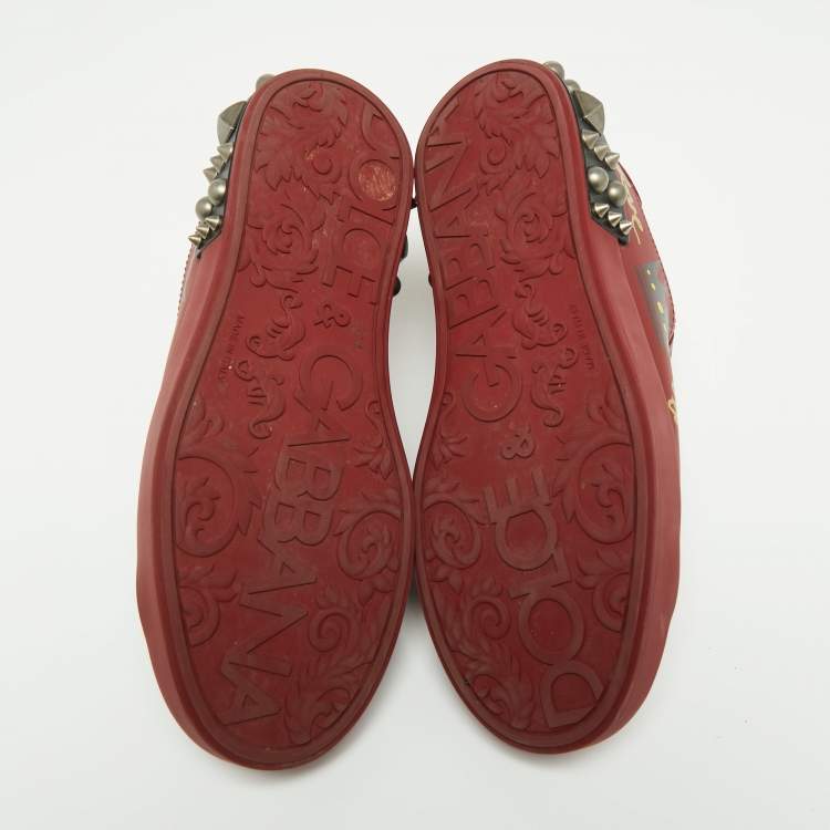 Pre Owned Dolce & Gabbana Burgundy Printed and Studded Leather Low-Top Sneakers Size 40