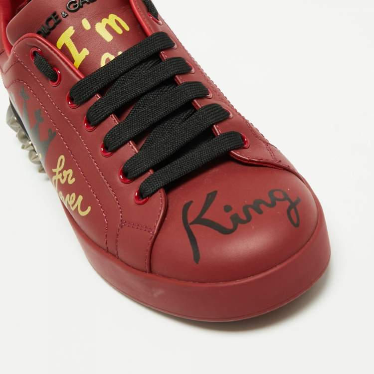 Pre Owned Dolce & Gabbana Burgundy Printed and Studded Leather Low-Top Sneakers Size 40