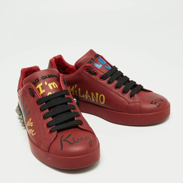 Pre Owned Dolce & Gabbana Burgundy Printed and Studded Leather Low-Top Sneakers Size 40